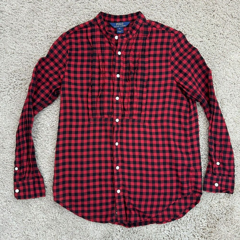 Polo Ralph Lauren‎ Shirt Girls 14 Red & Black Buffalo Plaid Cabin Button Up Top